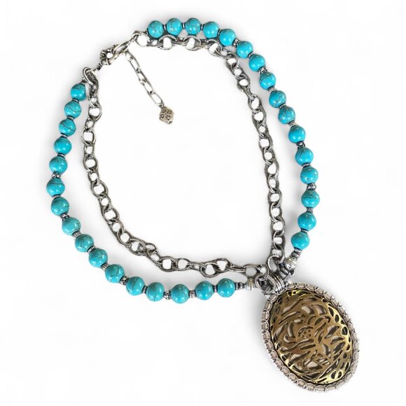 NWOT Patricia Nash Blue Howlite Beaded Silver tone Reversible Pendant Necklace - Picture 4 of 14